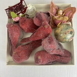 VTG Cottagecore-sugared birds/metal birdcage/floral-pinks -11pc X-Mas ornaments